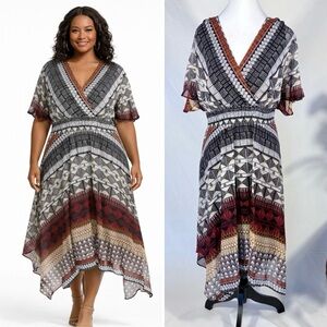 Chris McLaughlin Geometric Print Handkerchief Hem Midi Dress Flutter Sleeve~14💛